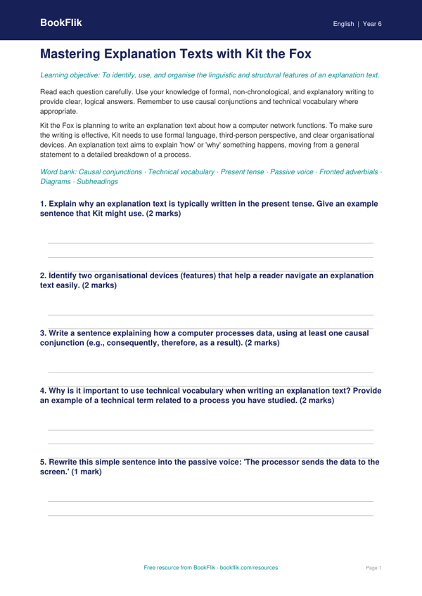 Free Explanation Texts Worksheet | Year 6 Core | BookFlik worksheet preview — English Explanation Texts