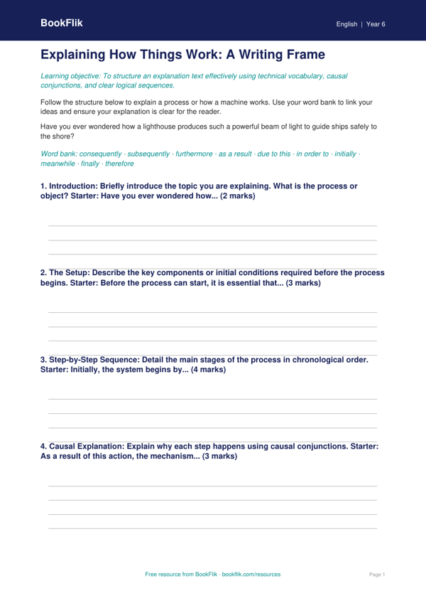 Free Explanation Texts Writing Frame | Year 6 Core | BookFlik worksheet preview — English Explanation Texts