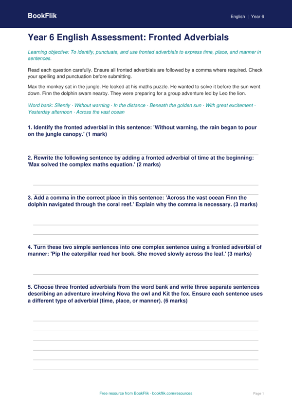 Free Fronted Adverbials Assessment | Year 6 Core | BookFlik worksheet preview — English Fronted Adverbials