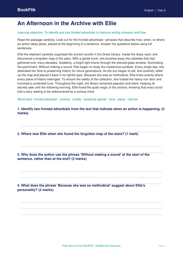 Free Fronted Adverbials Comprehension | Year 6 Core | BookFlik worksheet preview — English Fronted Adverbials