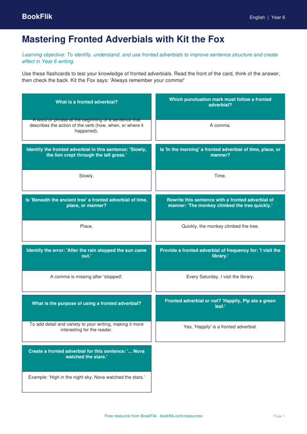 Free Fronted Adverbials Flashcards | Year 6 Core | BookFlik worksheet preview — English Fronted Adverbials