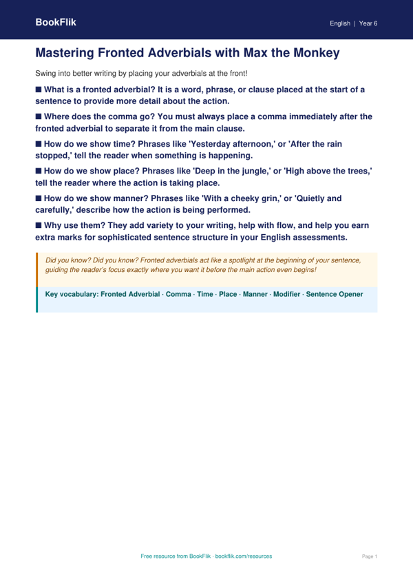 Free Fronted Adverbials Poster | Year 6 Core | BookFlik worksheet preview — English Fronted Adverbials