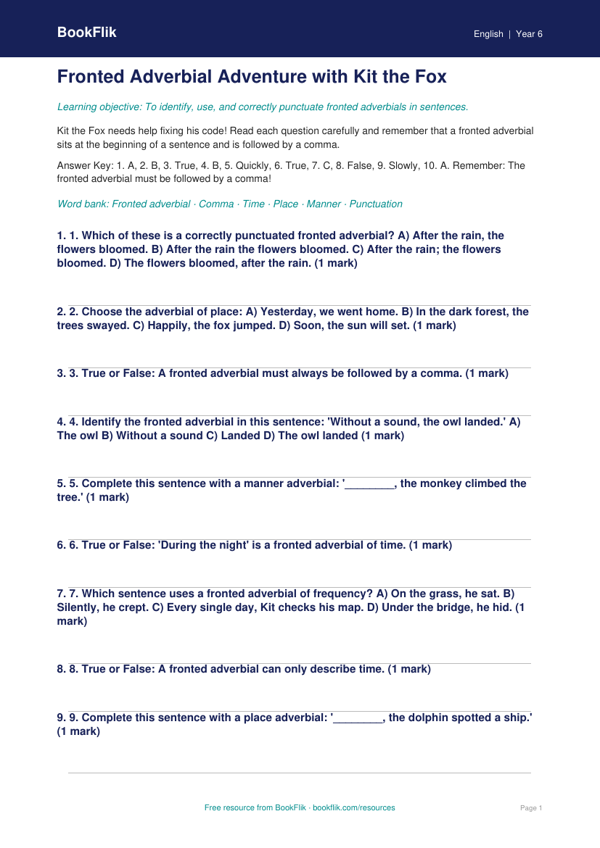 Free Fronted Adverbials Quiz | Year 6 Core | BookFlik worksheet preview — English Fronted Adverbials