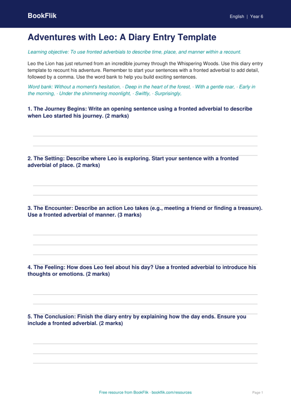 Free Fronted Adverbials Template | Year 6 Core | BookFlik worksheet preview — English Fronted Adverbials