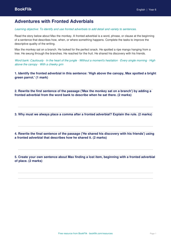 Free Fronted Adverbials Track Sheet | Year 6 Core | BookFlik worksheet preview — English Fronted Adverbials