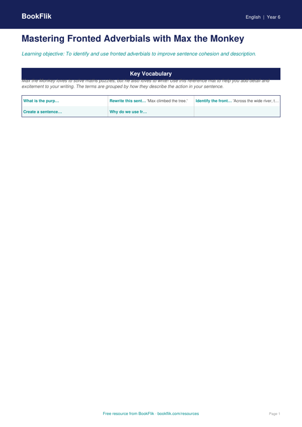 Free Fronted Adverbials Word Mat | Year 6 Core | BookFlik worksheet preview — English Fronted Adverbials
