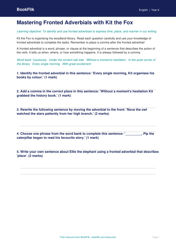 Free Fronted Adverbials Worksheet | Year 6 Core | BookFlik worksheet preview — English Fronted Adverbials