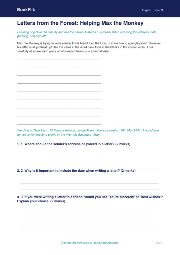 Free Letter Writing Activity Sheet | Year 3 Core | BookFlik worksheet preview — English Letter Writing
