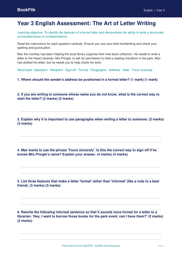 Free Letter Writing Assessment | Year 3 Core | BookFlik worksheet preview — English Letter Writing