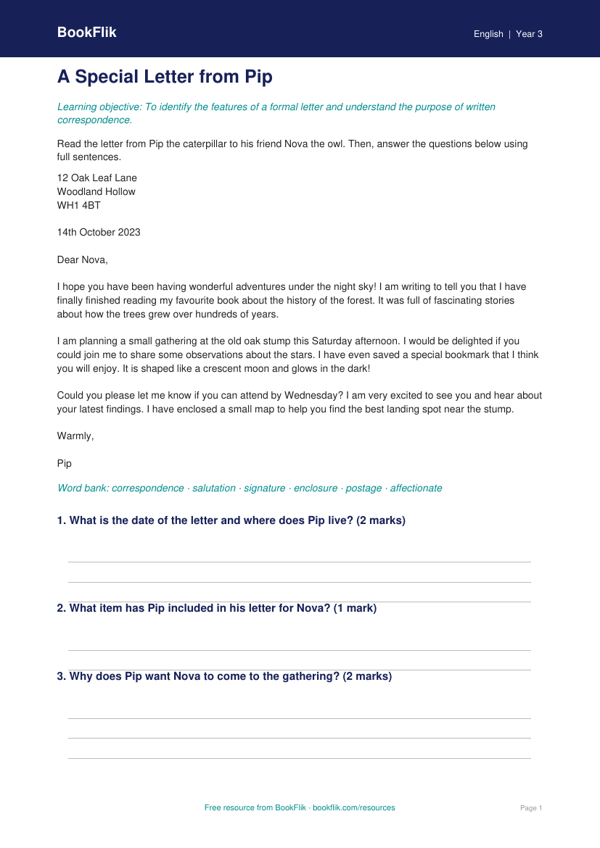 Free Letter Writing Comprehension | Year 3 Core | BookFlik worksheet preview — English Letter Writing
