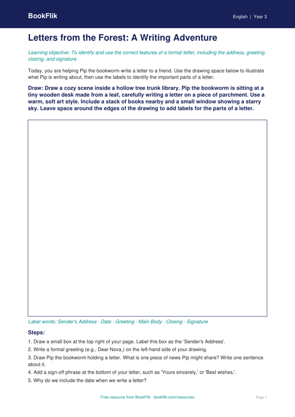 Free Letter Writing Drawing Sheet | Year 3 Core | BookFlik worksheet preview — English Letter Writing