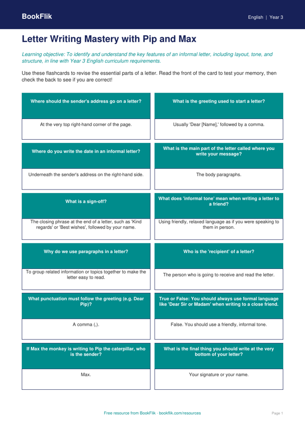 Free Letter Writing Flashcards | Year 3 Core | BookFlik worksheet preview — English Letter Writing