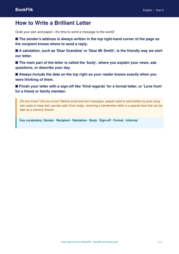 Free Letter Writing Poster | Year 3 Core | BookFlik worksheet preview — English Letter Writing