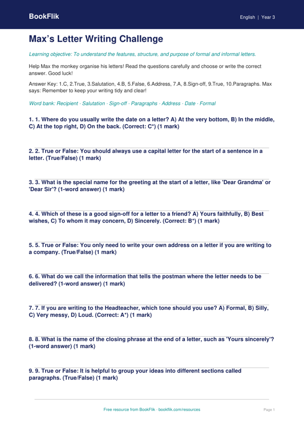 Free Letter Writing Quiz | Year 3 Core | BookFlik worksheet preview — English Letter Writing