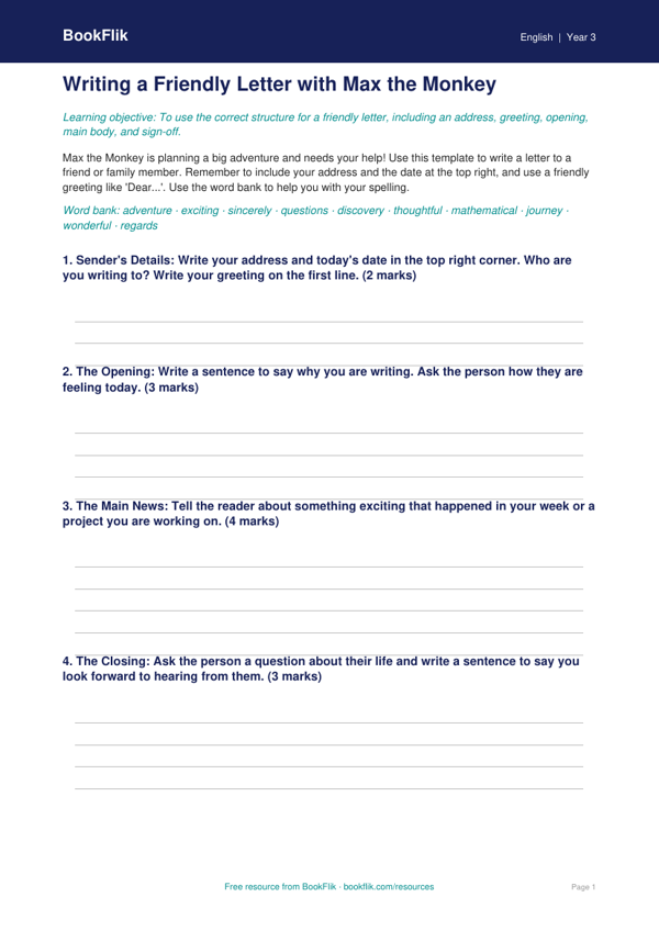 Free Letter Writing Template | Year 3 Core | BookFlik worksheet preview — English Letter Writing