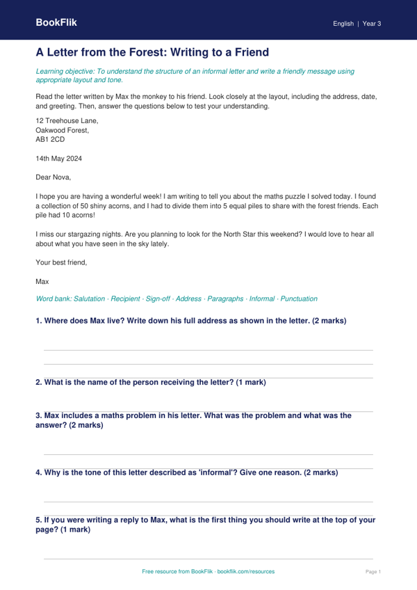 Free Letter Writing Track Sheet | Year 3 Core | BookFlik worksheet preview — English Letter Writing