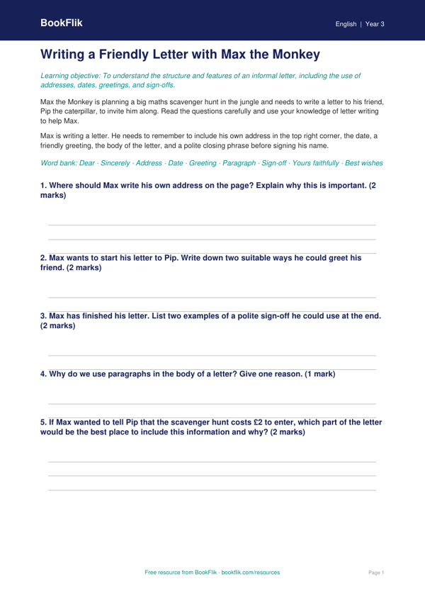 Free Letter Writing Worksheet | Year 3 Core | BookFlik worksheet preview — English Letter Writing