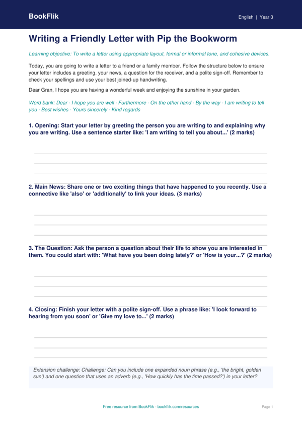 Free Letter Writing Frame | Year 3 Literacy Worksheet | BookFlik worksheet preview — English Letter Writing