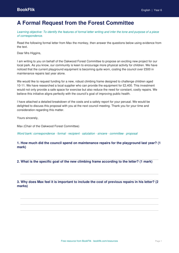 Free Letter Writing Comprehension | Year 6 Core | BookFlik worksheet preview — English Letter Writing