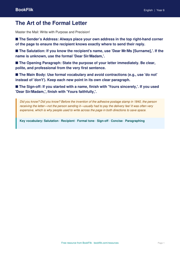 Free Letter Writing Poster | Year 6 Core | BookFlik worksheet preview — English Letter Writing