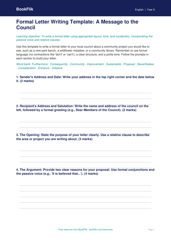 Free Letter Writing Template | Year 6 Core | BookFlik worksheet preview — English Letter Writing