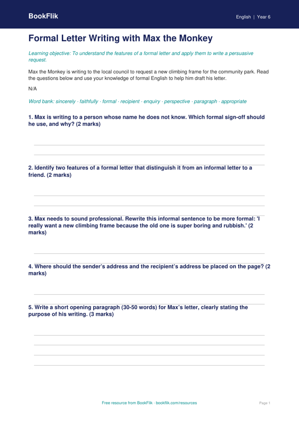 Free Letter Writing Worksheet | Year 6 Core | BookFlik worksheet preview — English Letter Writing