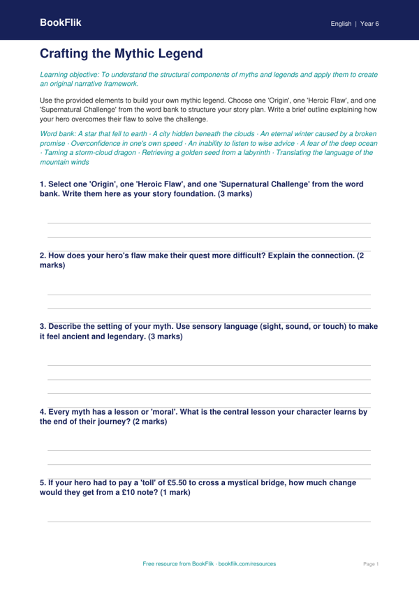 Free Myths And Legends Activity Sheet | Year 6 Core | BookFlik worksheet preview — English Myths And Legends