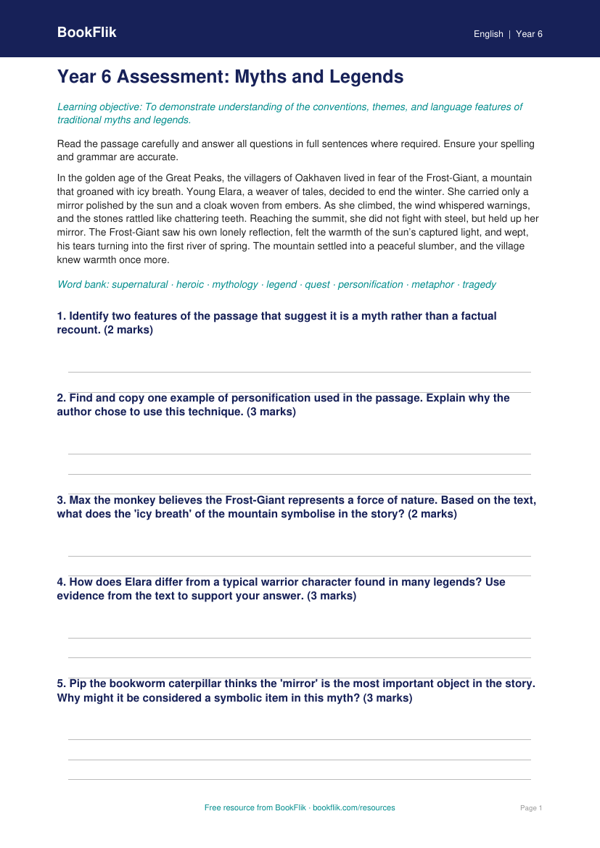 Free Myths And Legends Assessment | Year 6 Core | BookFlik worksheet preview — English Myths And Legends