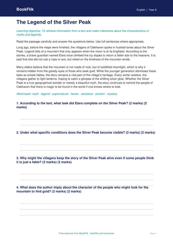 Free Myths And Legends Comprehension | Year 6 Core | BookFlik worksheet preview — English Myths And Legends