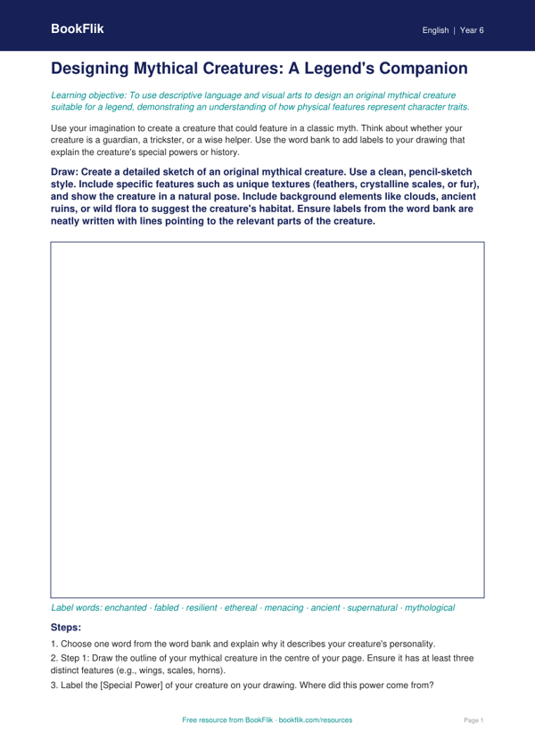 Free Myths And Legends Drawing Sheet | Year 6 Core | BookFlik worksheet preview — English Myths And Legends