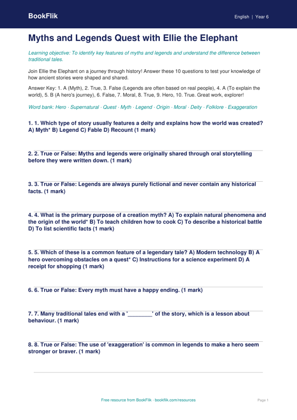 Free Myths And Legends Quiz | Year 6 Core | BookFlik worksheet preview — English Myths And Legends