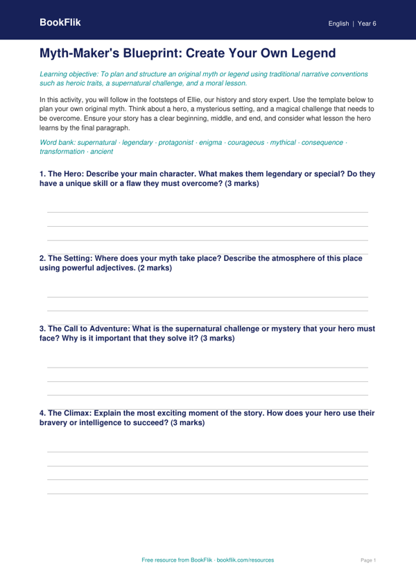 Free Myths And Legends Template | Year 6 Core | BookFlik worksheet preview — English Myths And Legends