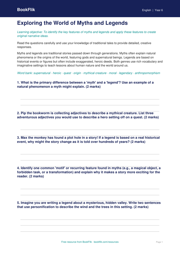 Free Myths And Legends Worksheet | Year 6 Core | BookFlik worksheet preview — English Myths And Legends