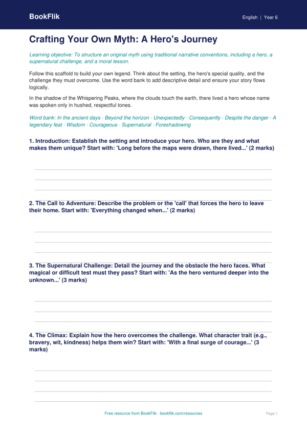 Free Myths And Legends Writing Frame | Year 6 Core | BookFlik worksheet preview — English Myths And Legends