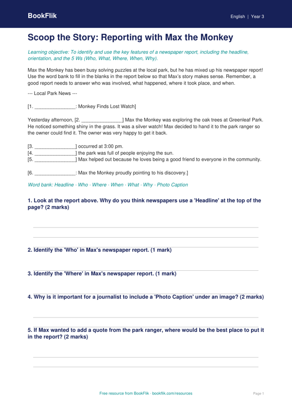 Free Newspaper Writing Activity Sheet | Year 3 Core | BookFlik worksheet preview — English Newspaper Writing