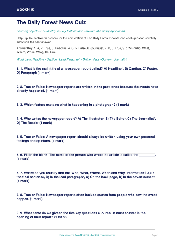 Free Newspaper Writing Quiz | Year 3 Core | BookFlik worksheet preview — English Newspaper Writing