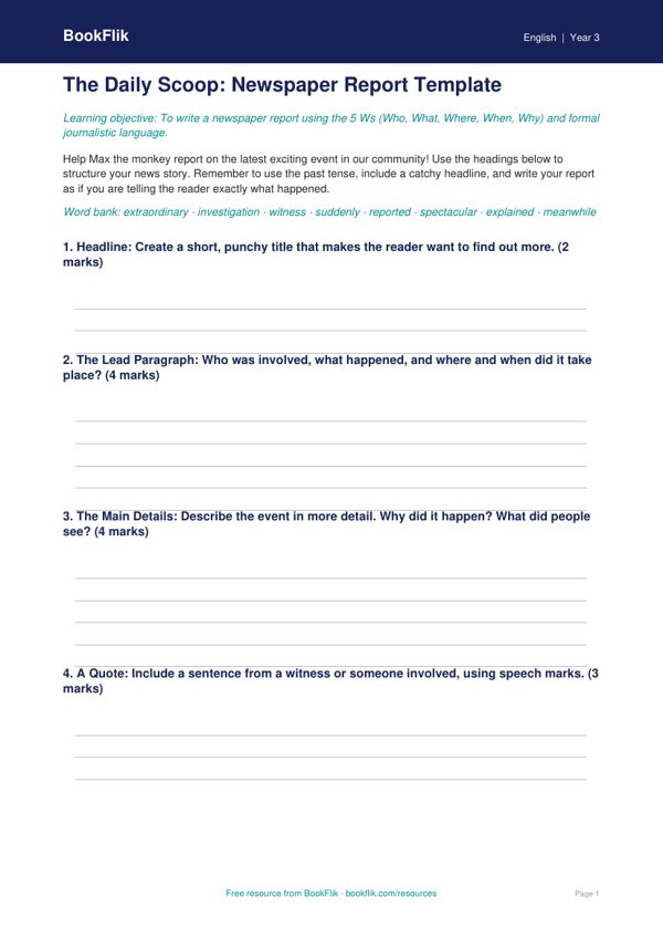 Free Newspaper Writing Template | Year 3 Core | BookFlik worksheet preview — English Newspaper Writing