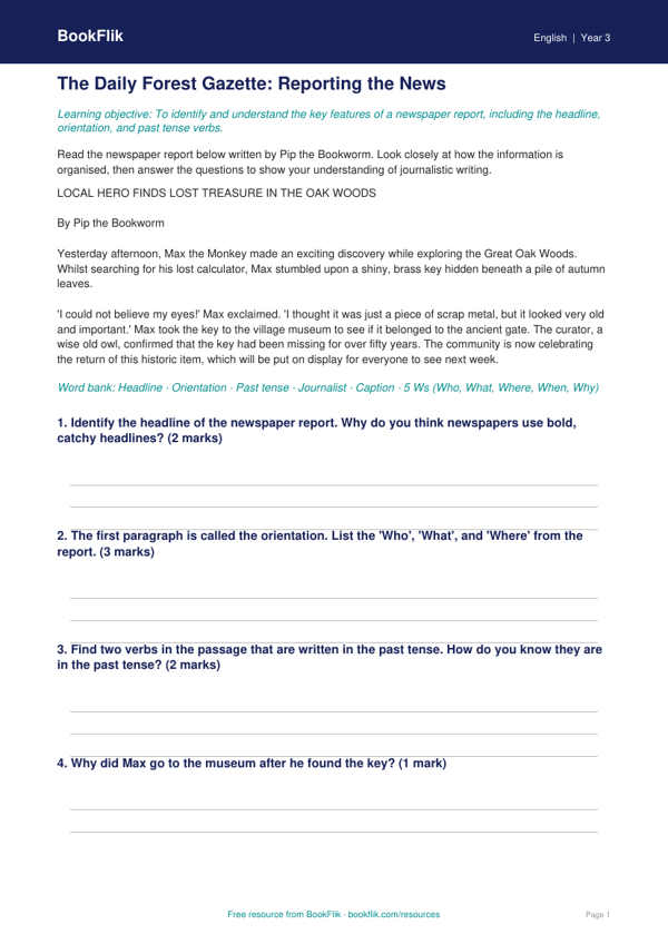 Free Newspaper Writing Track Sheet | Year 3 Core | BookFlik worksheet preview — English Newspaper Writing