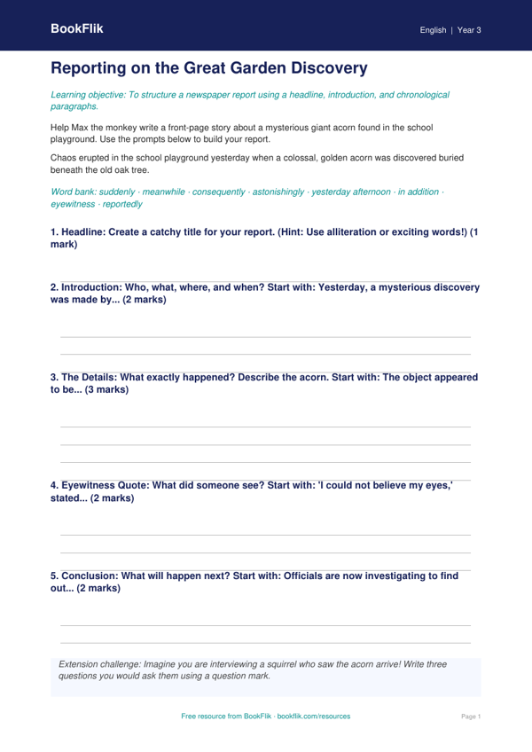Free Newspaper Writing Writing Frame | Year 3 Core | BookFlik worksheet preview — English Newspaper Writing