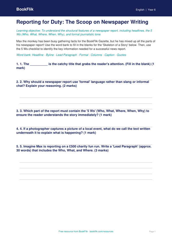 Free Newspaper Writing Activity Sheet | Year 6 Core | BookFlik worksheet preview — English Newspaper Writing