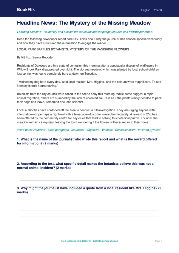 Free Newspaper Writing Comprehension | Year 6 Core | BookFlik worksheet preview — English Newspaper Writing