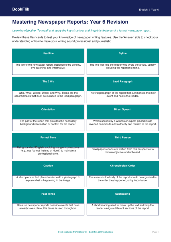 Free Newspaper Writing Flashcards | Year 6 Core | BookFlik worksheet preview — English Newspaper Writing