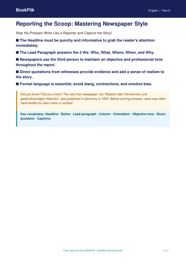 Free Newspaper Writing Poster | Year 6 Core | BookFlik worksheet preview — English Newspaper Writing