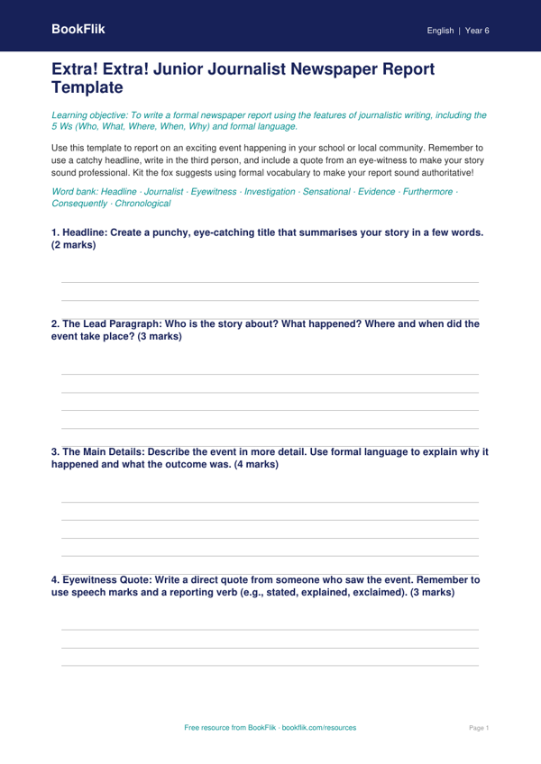 Free Newspaper Writing Template | Year 6 Core | BookFlik worksheet preview — English Newspaper Writing