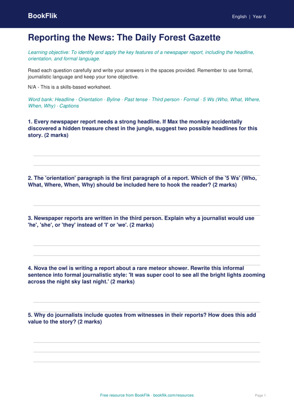 Free Newspaper Writing Worksheet | Year 6 Core | BookFlik worksheet preview — English Newspaper Writing
