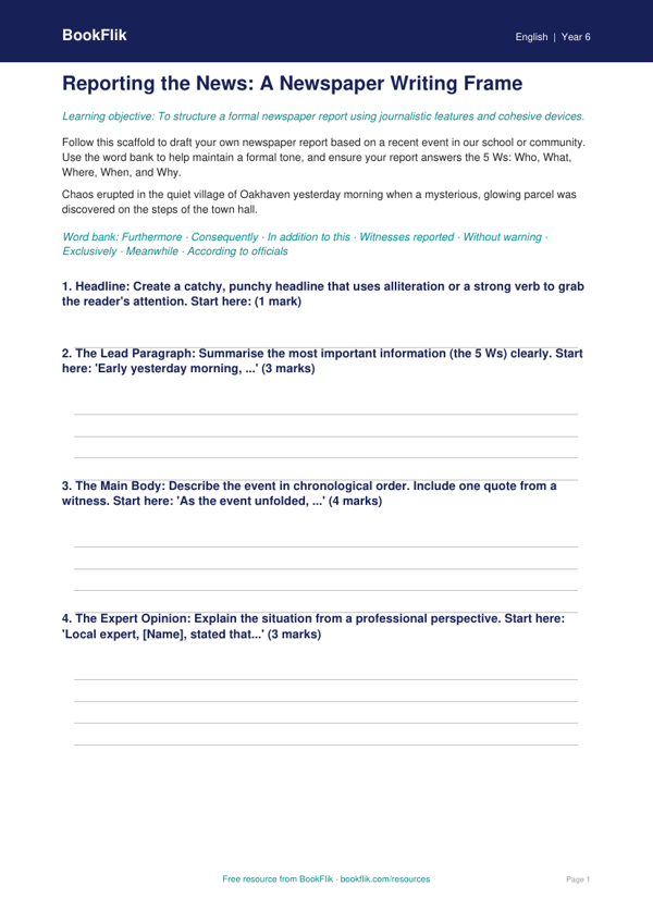 Free Newspaper Writing Frame | Year 6 Literacy Resource | BookFlik worksheet preview — English Newspaper Writing