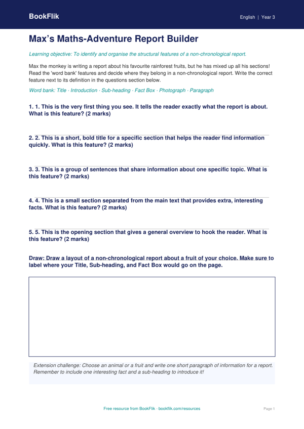Free Non-Chronological Reports Activity Sheet | Year 3 Core | BookFlik worksheet preview — English Non Chronological Reports