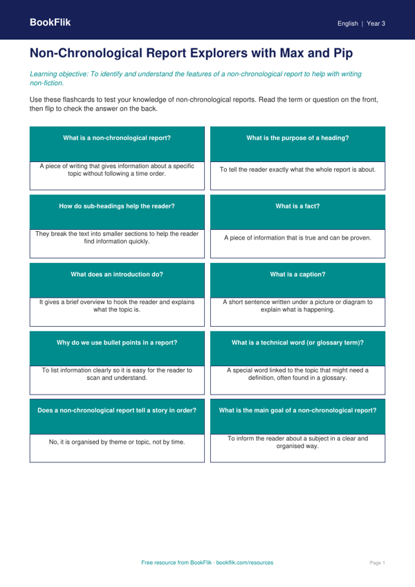 Free Non Chronological Reports Flashcards | Year 3 Core | BookFlik worksheet preview — English Non Chronological Reports