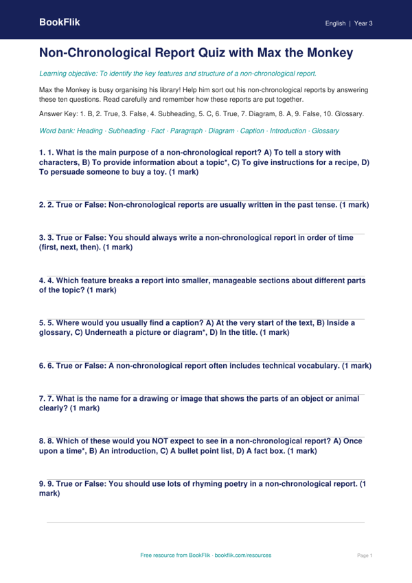 Free Non Chronological Reports Quiz | Year 3 Core | BookFlik worksheet preview — English Non Chronological Reports