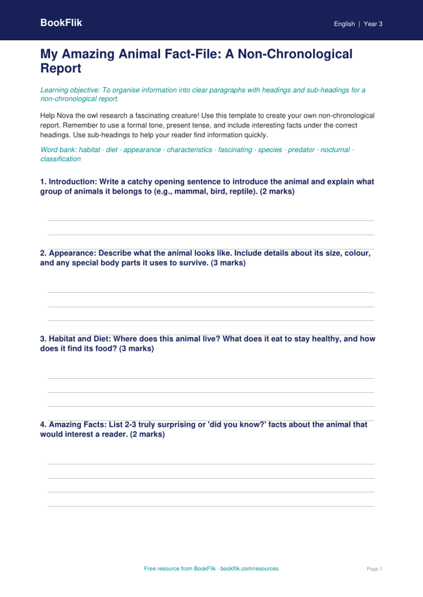 Free Non Chronological Reports Template | Year 3 Core | BookFlik worksheet preview — English Non Chronological Reports